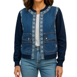 Vintage Large Denim Qulited Sweatshirt Cardigan Handmade Boho Upcycled Western